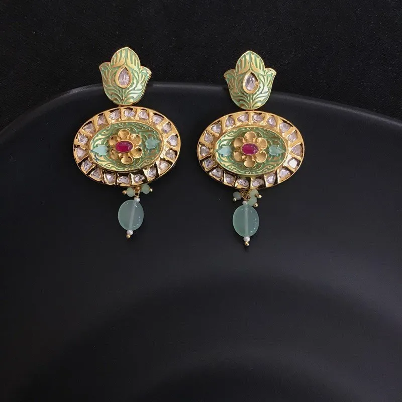 Mint Green Ruby Beads And  Meenakari Kundan Pendant Set 8807-2866