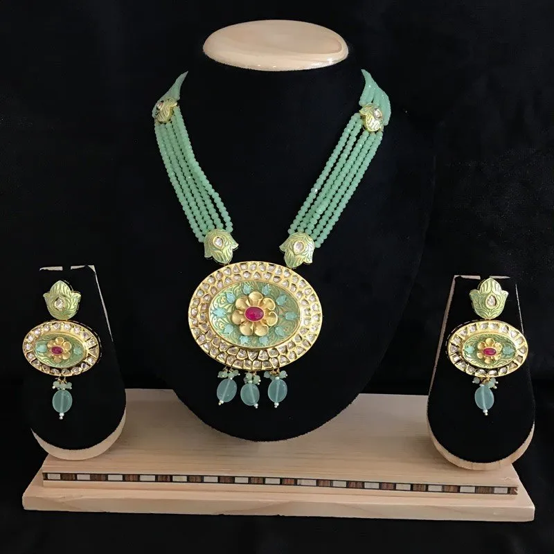 Mint Green Ruby Beads And  Meenakari Kundan Pendant Set 8807-2866