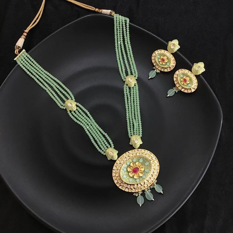 Mint Green Ruby Beads And  Meenakari Kundan Pendant Set 8807-2866