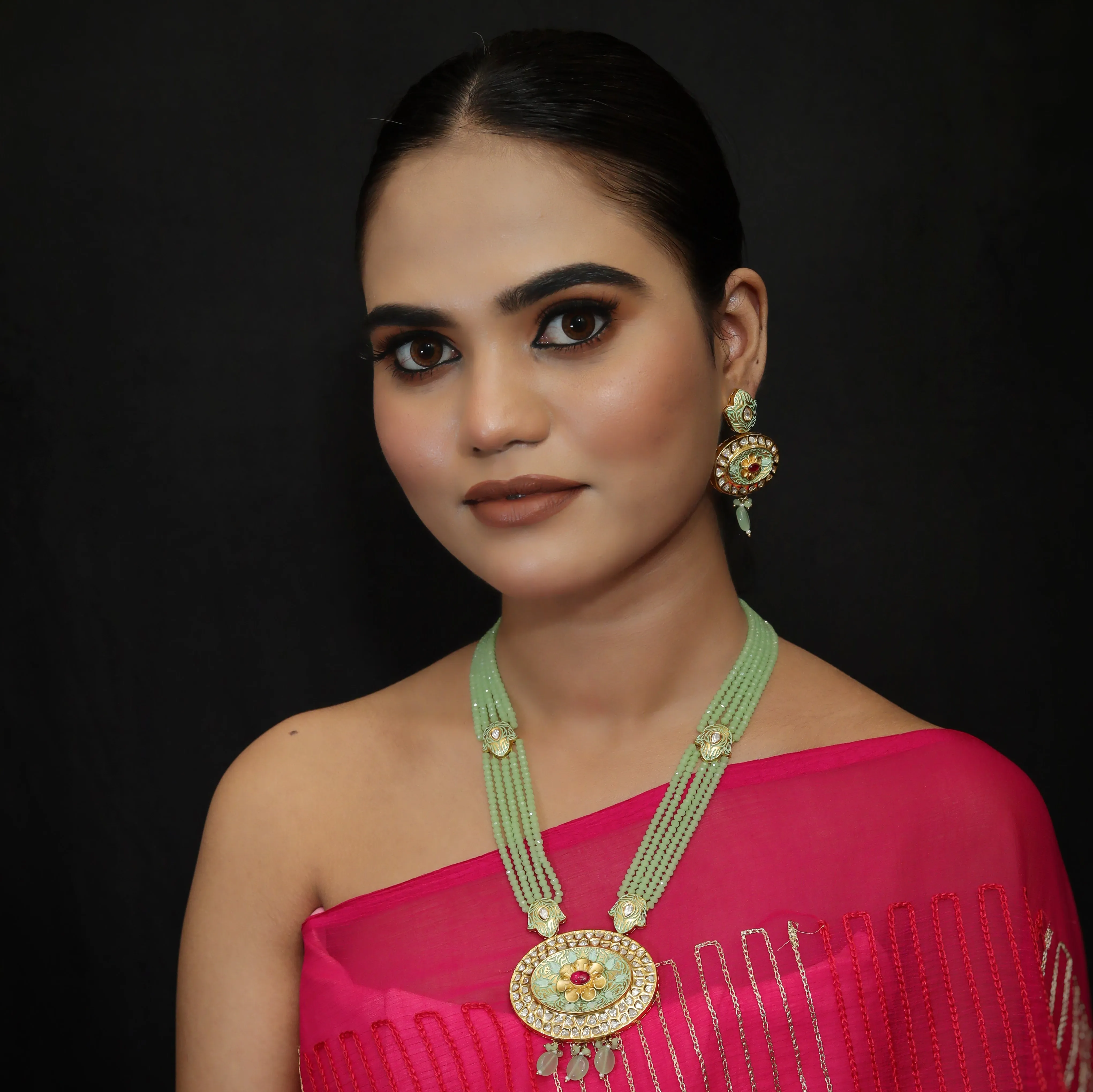 Mint Green Ruby Beads And  Meenakari Kundan Pendant Set 8807-2866