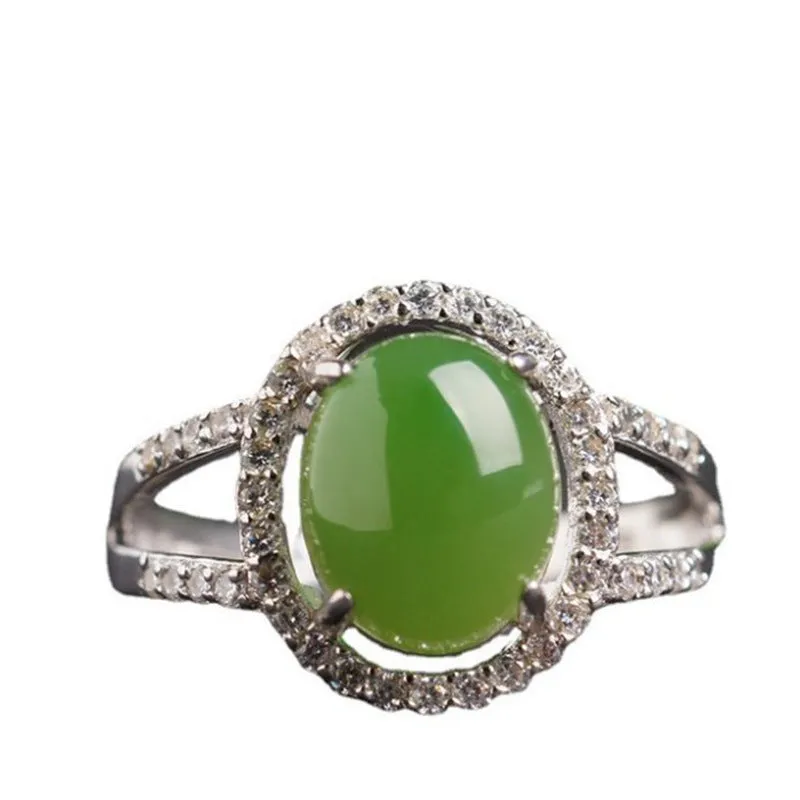 Natural Jade Ring Nephrite Silver Zircon Adjustable Ring ZNRG142