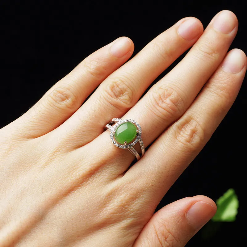 Natural Jade Ring Nephrite Silver Zircon Adjustable Ring ZNRG142
