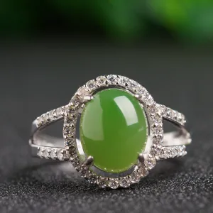 Natural Jade Ring Nephrite Silver Zircon Adjustable Ring ZNRG142