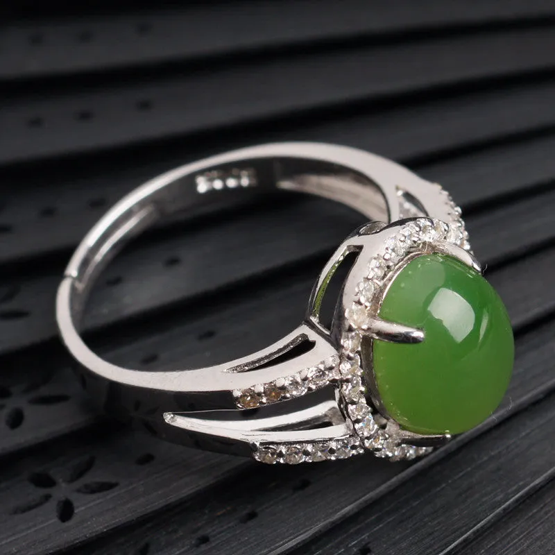 Natural Jade Ring Nephrite Silver Zircon Adjustable Ring ZNRG142