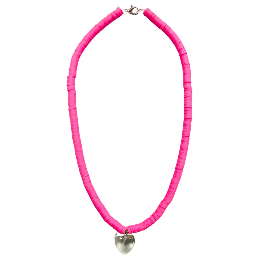 Neon Pink Beaded Necklace - Clear Heart
