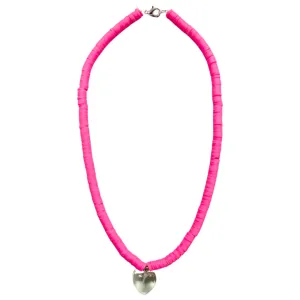 Neon Pink Beaded Necklace - Clear Heart