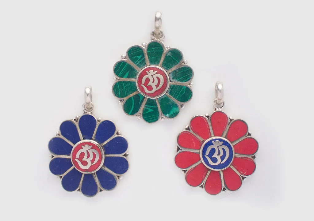 Om Embossed Inlaid Flower White Metal Pendant