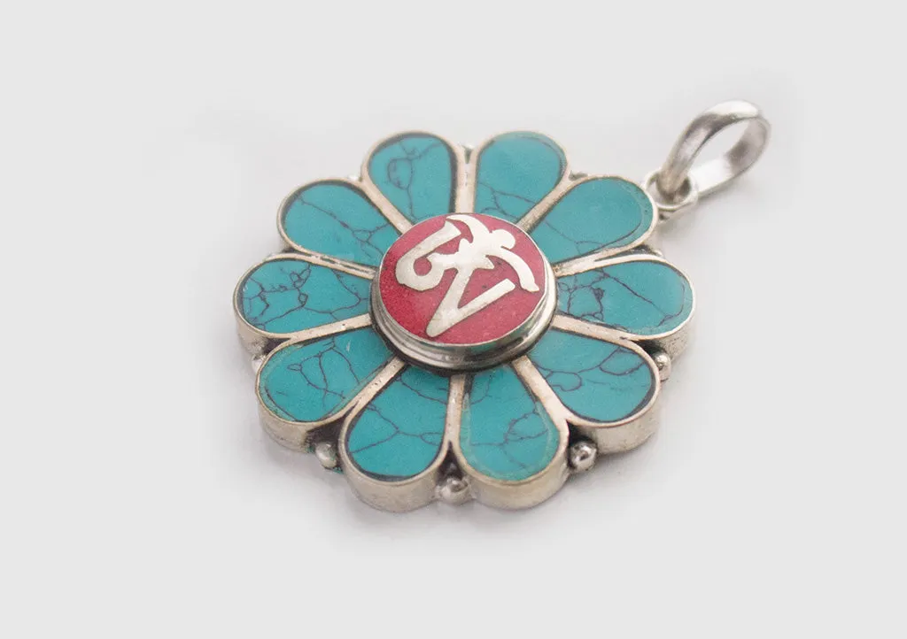 Om Embossed Inlaid Flower White Metal Pendant
