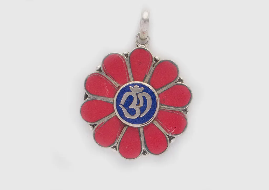 Om Embossed Inlaid Flower White Metal Pendant