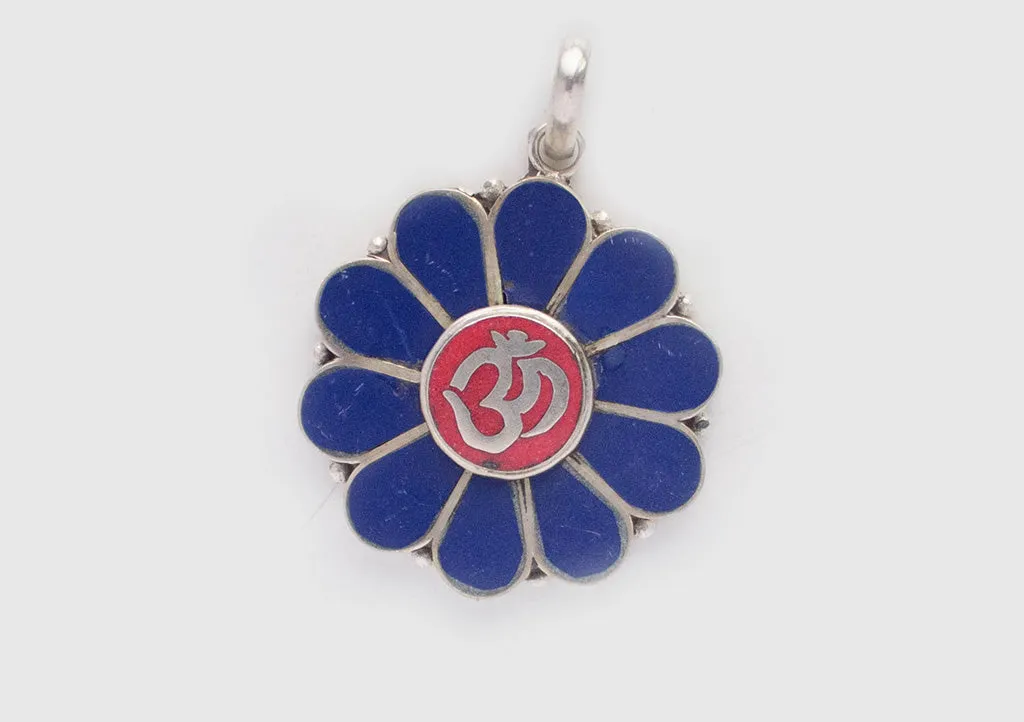 Om Embossed Inlaid Flower White Metal Pendant