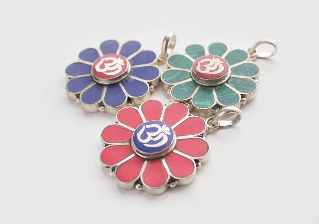 Om Embossed Inlaid Flower White Metal Pendant