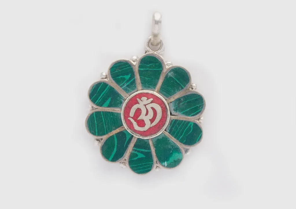 Om Embossed Inlaid Flower White Metal Pendant