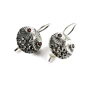Owl hook silver earring with marcasite & garnet