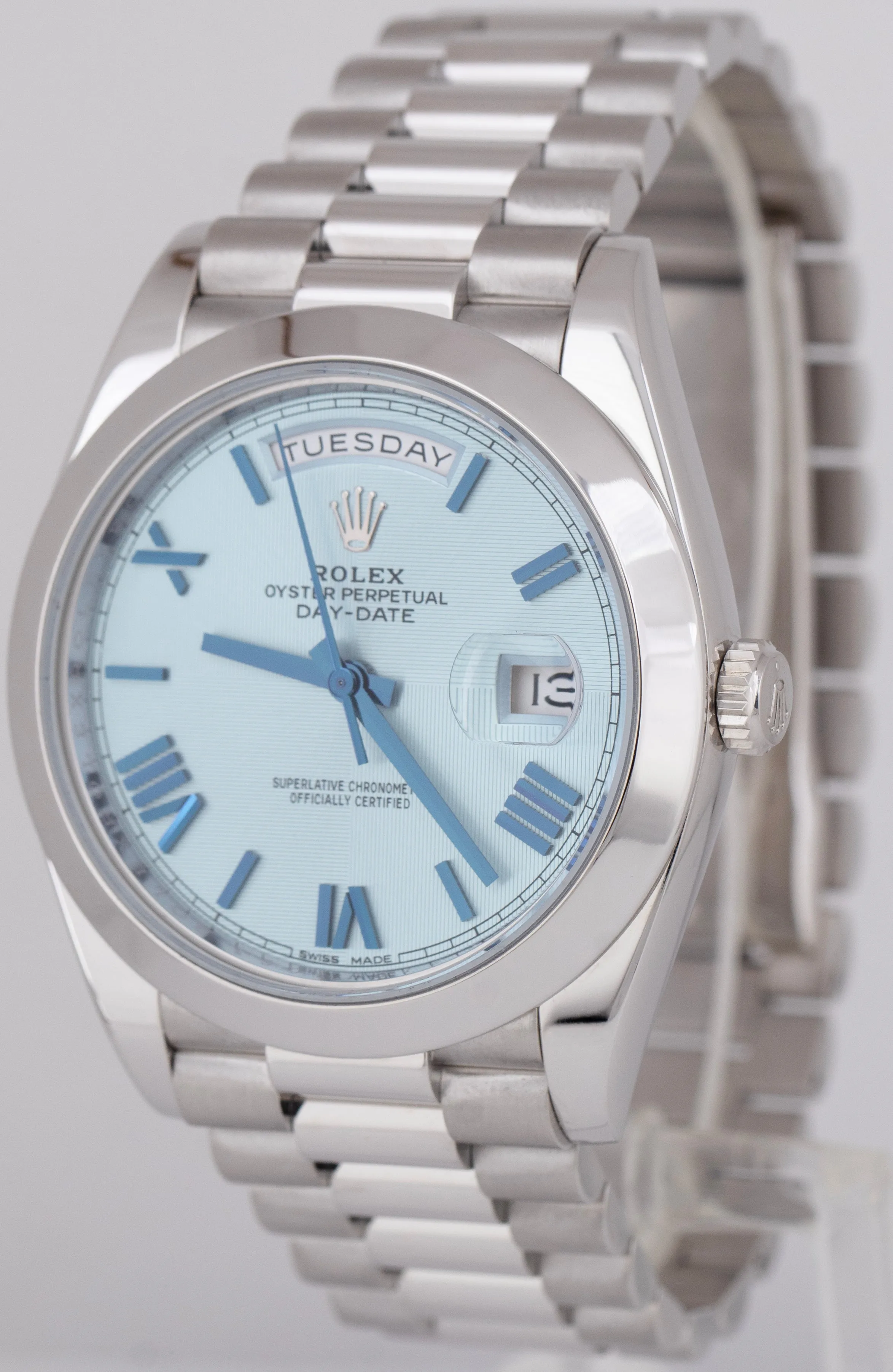 PAPERS Rolex Day-Date President 40mm Platinum Blue Glacier Quadrant 228206 BOX
