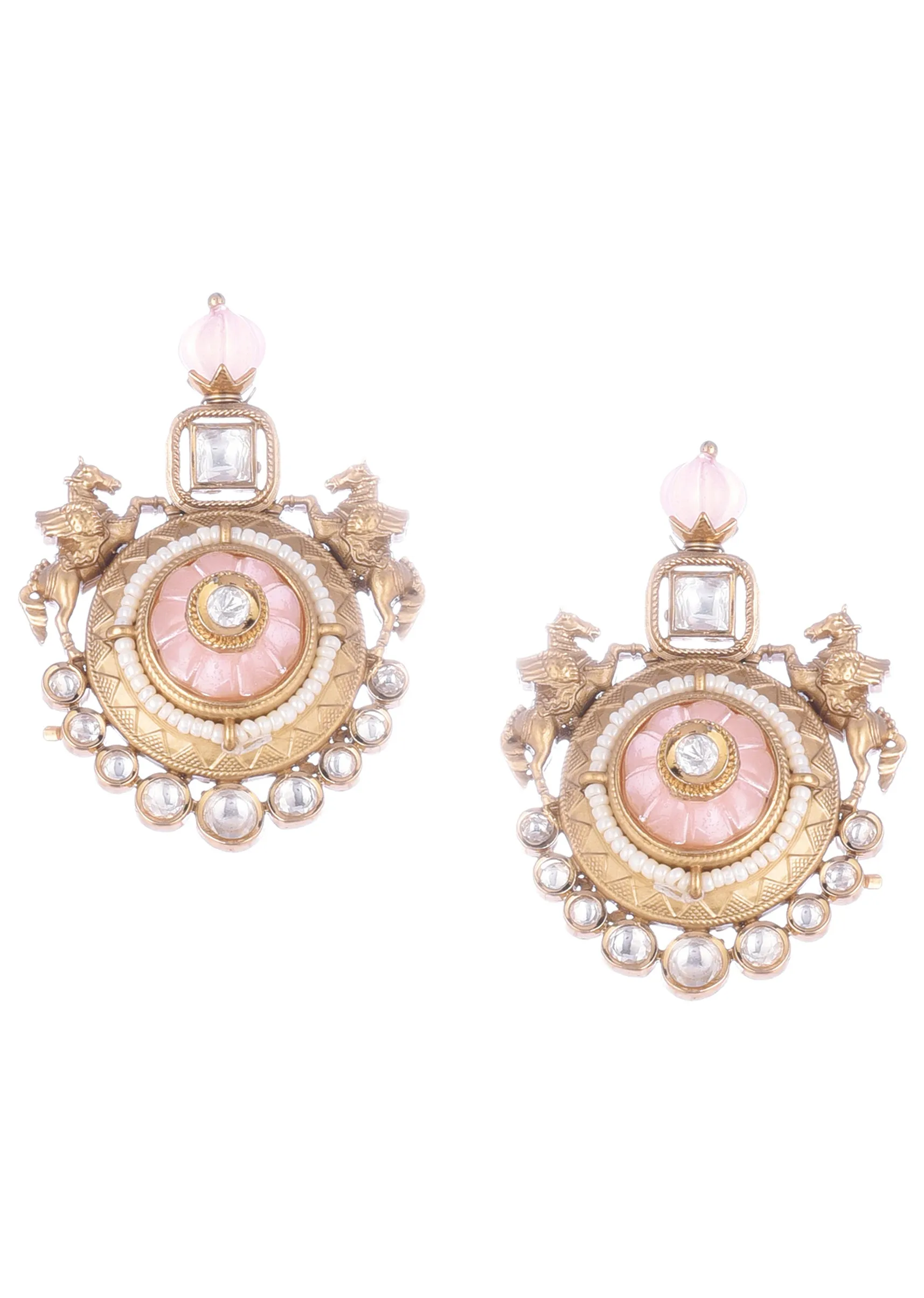 Peach Gold Finish Necklace Set With Carving Work