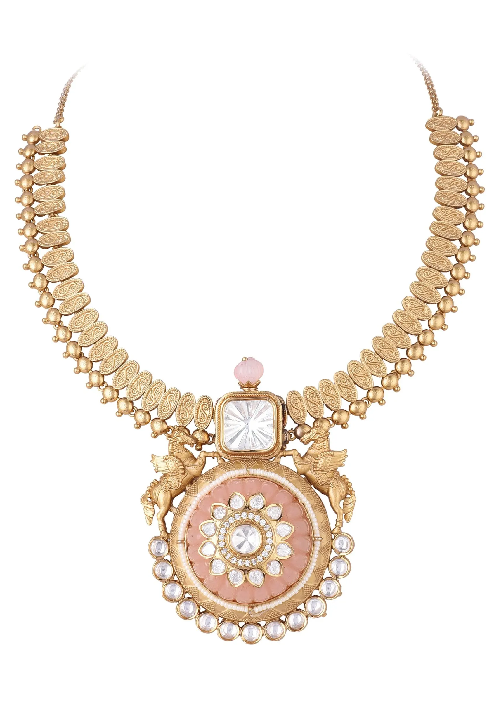 Peach Gold Finish Necklace Set With Carving Work