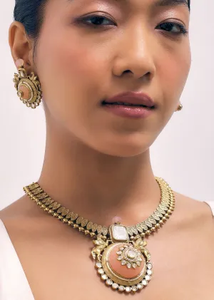 Peach Gold Finish Necklace Set With Carving Work