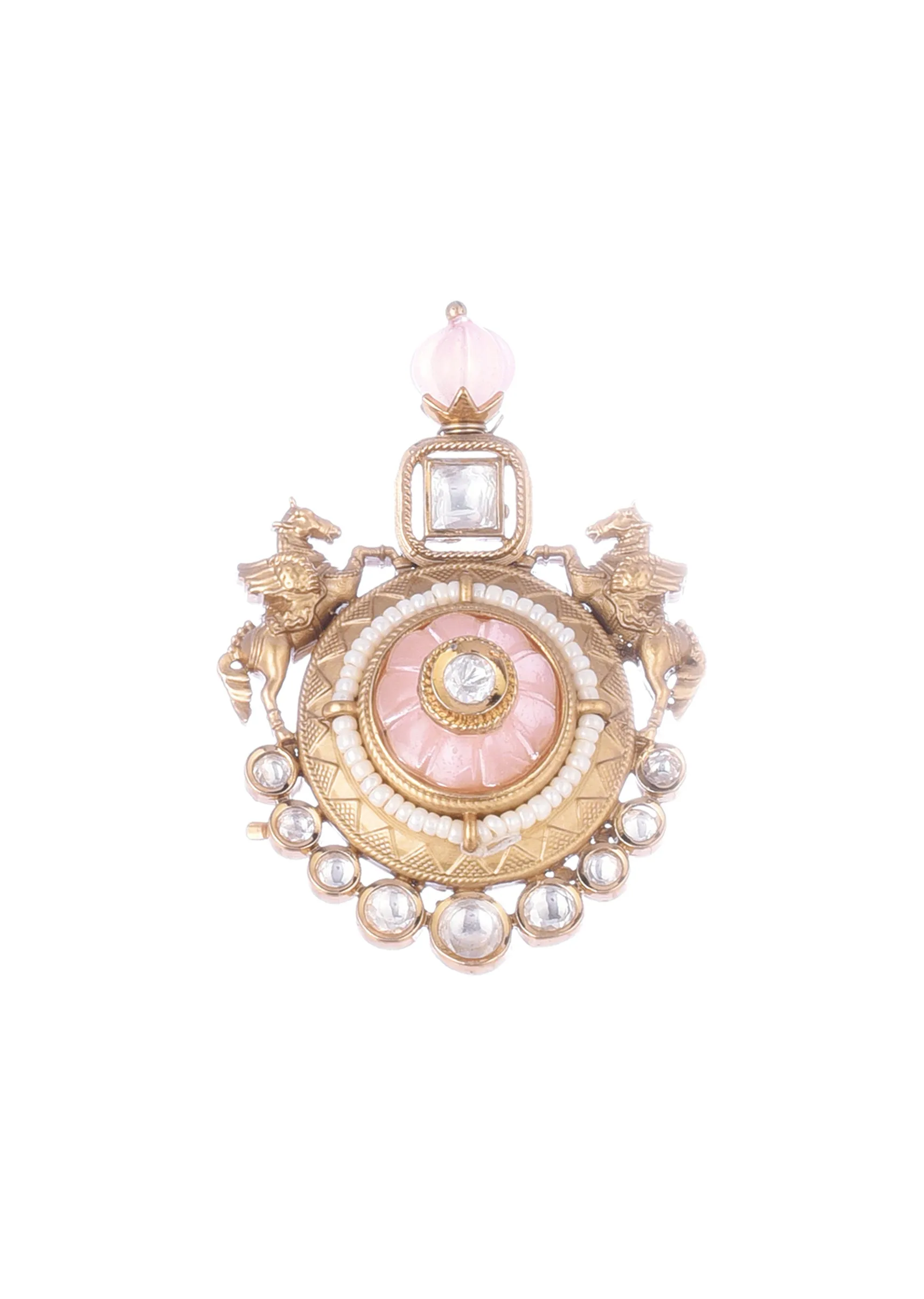 Peach Gold Finish Necklace Set With Carving Work