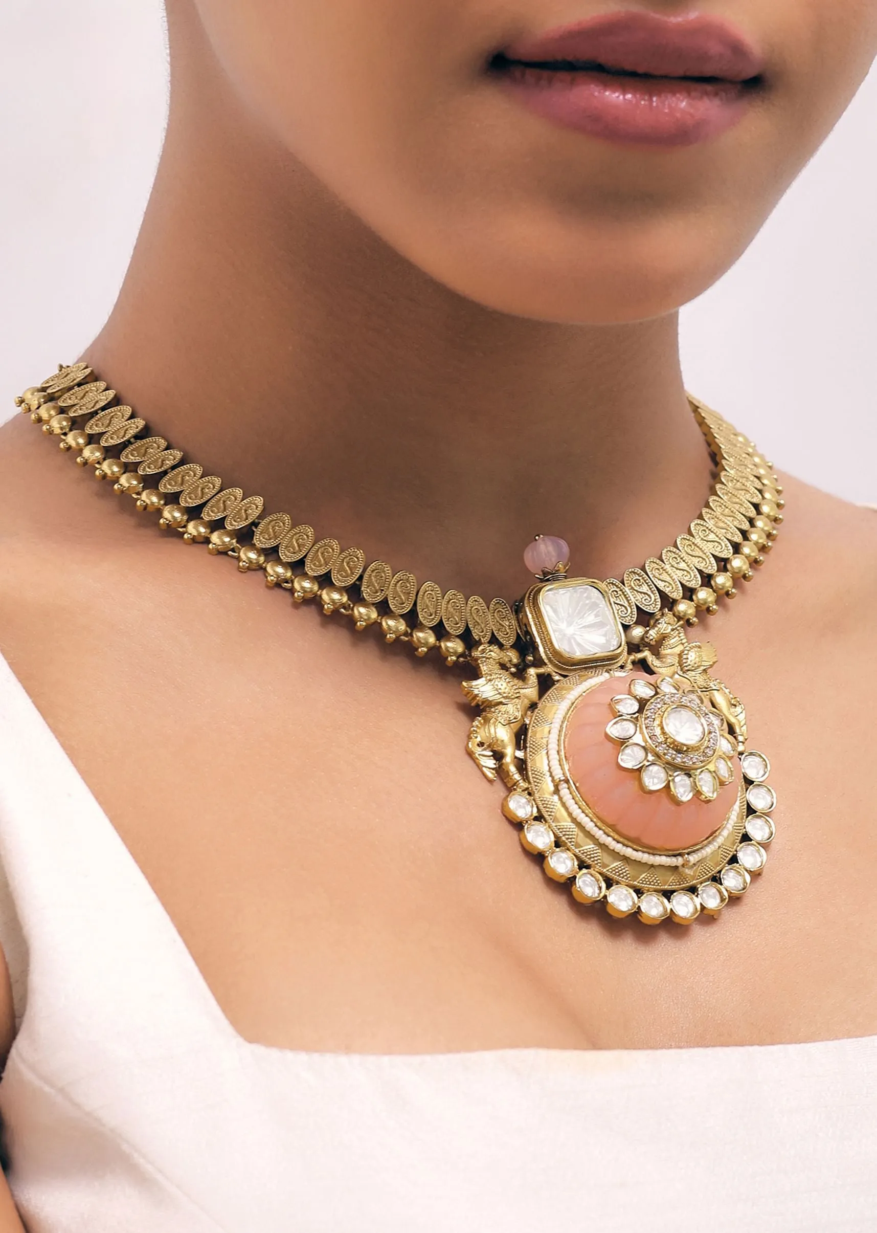 Peach Gold Finish Necklace Set With Carving Work