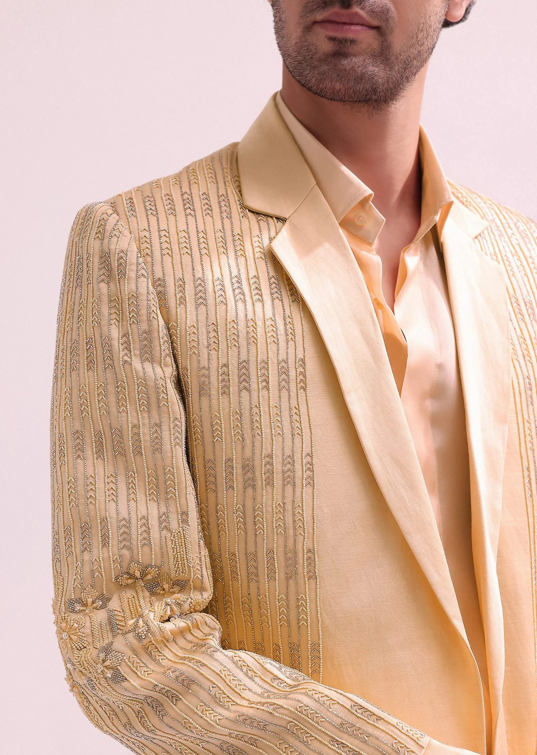 Peach Hand Embellished Lapel Tuxedo With Shirt And Pants
