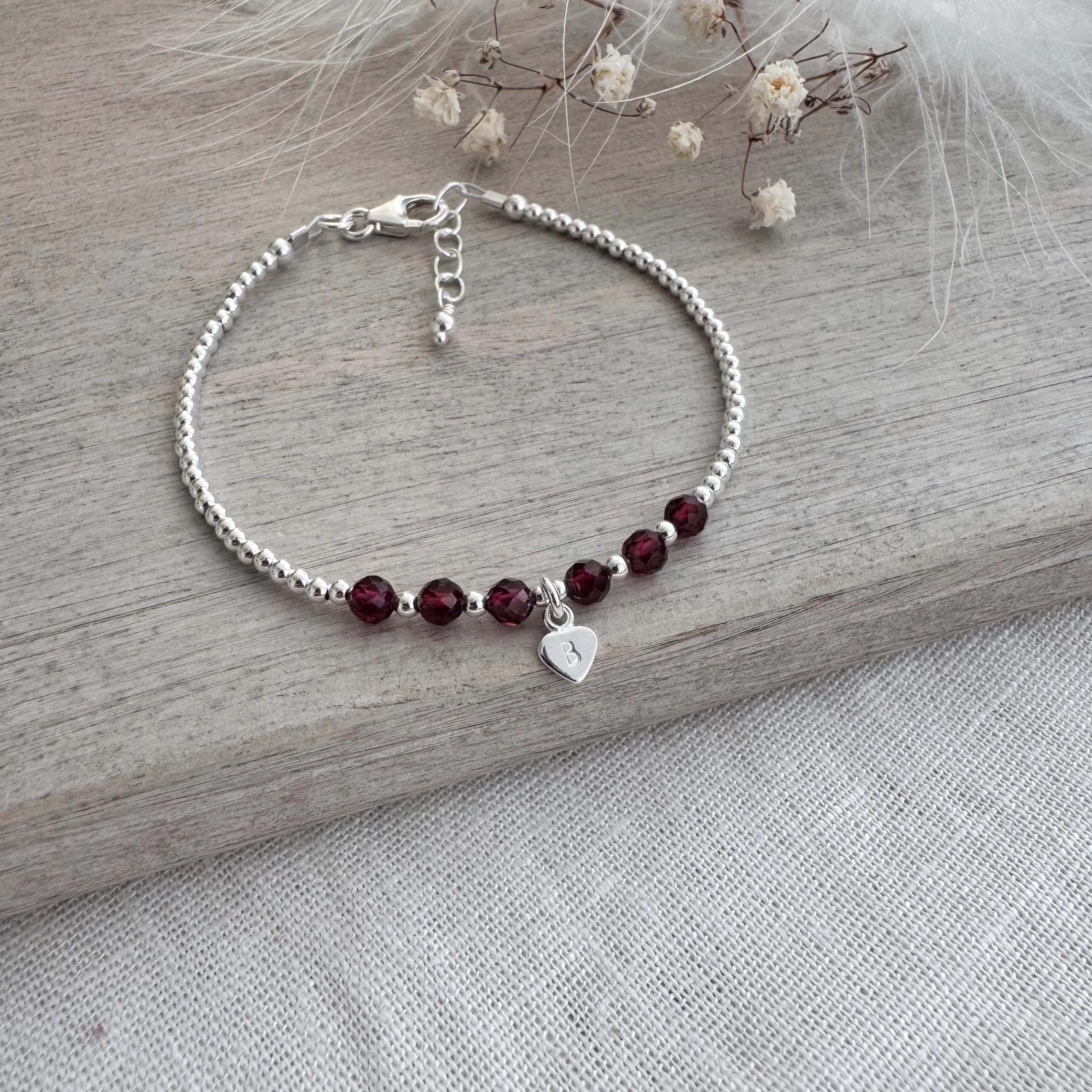 Personalised Garnet Bracelet,  , Dainty January Birthstone Jewellery in Sterling Silver