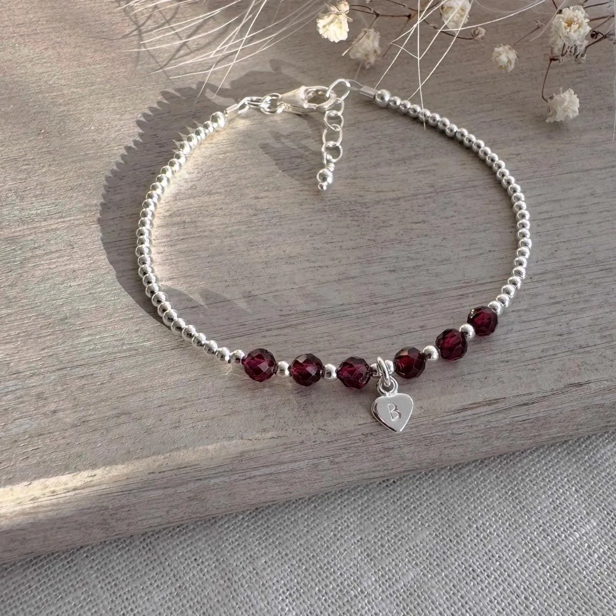 Personalised Garnet Bracelet,  , Dainty January Birthstone Jewellery in Sterling Silver
