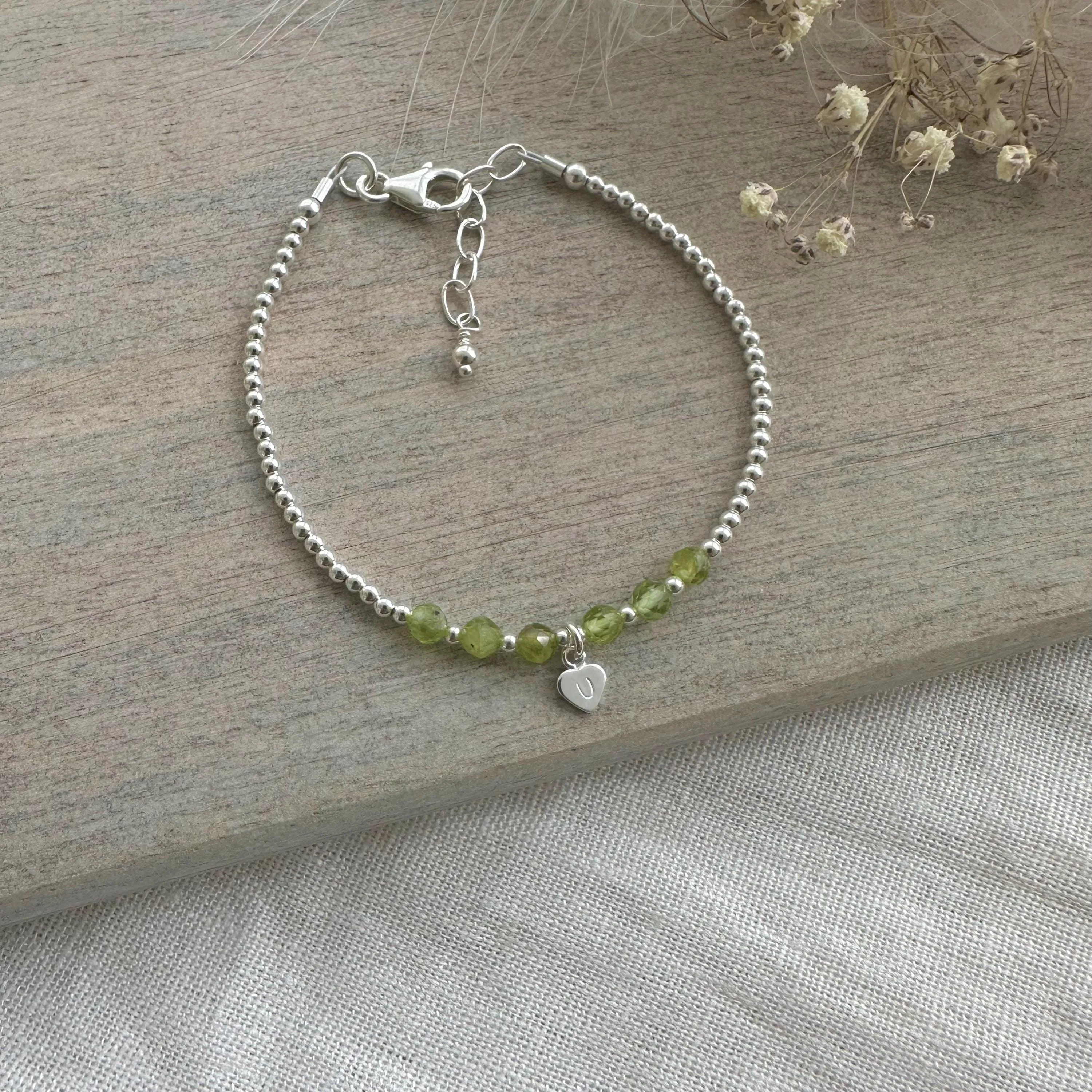 Personalised Peridot Bracelet,  , Dainty August Birthstone Jewellery in Sterling Silver