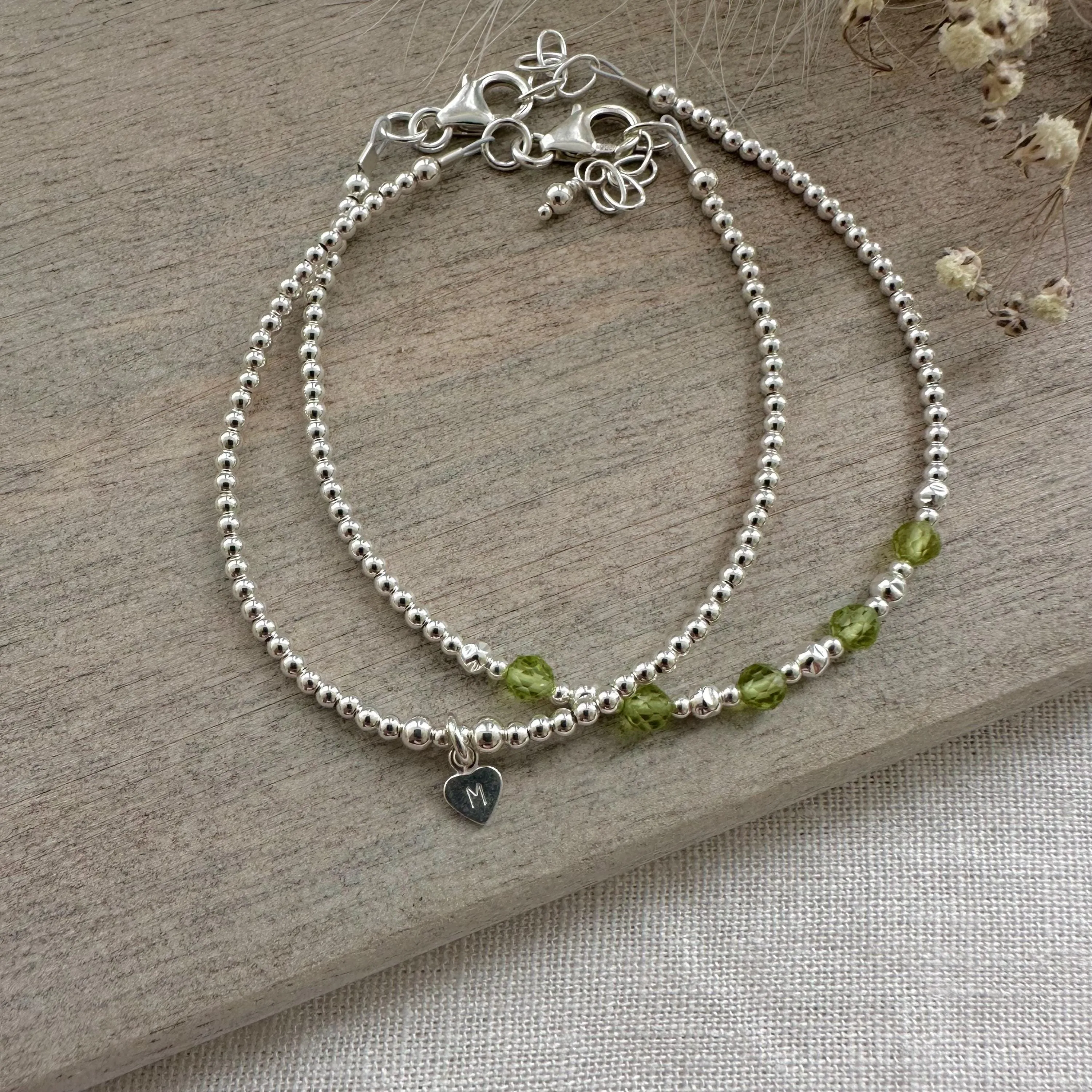 Personalised Peridot Bracelet Set, August Birthstone Jewellery