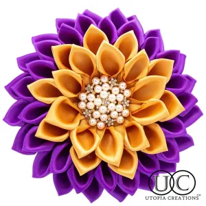 Purple & Gold Ribbon Flower Corsage Brooch