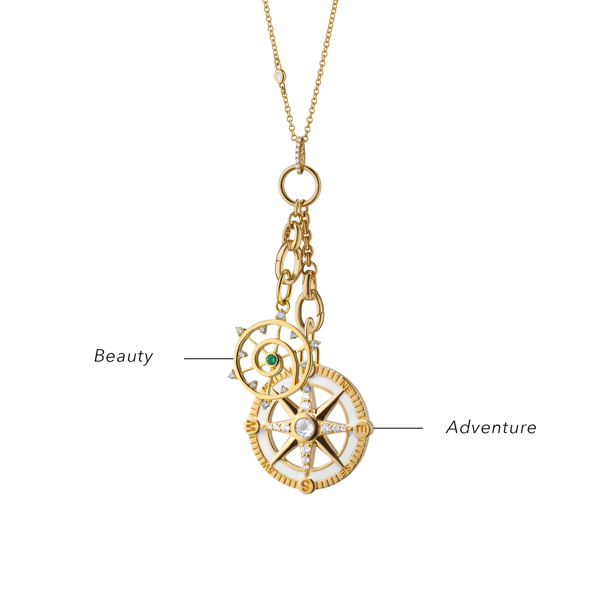 "Adventure" Compass with White Enamel and Mini "Venus" 18K Gold Charm Necklace