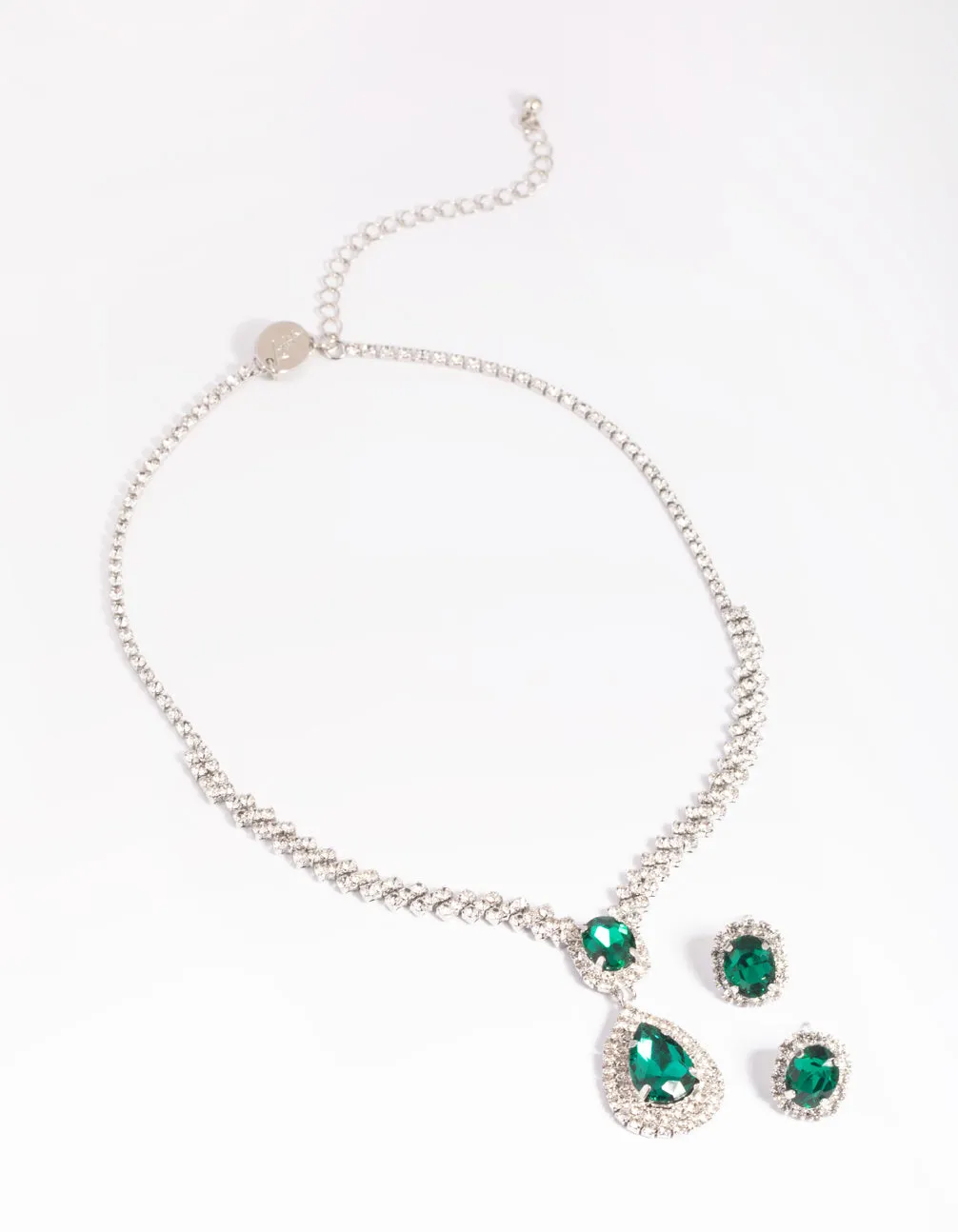 Rhodium Diamond Simulant Emerald Necklace & Earrings Set