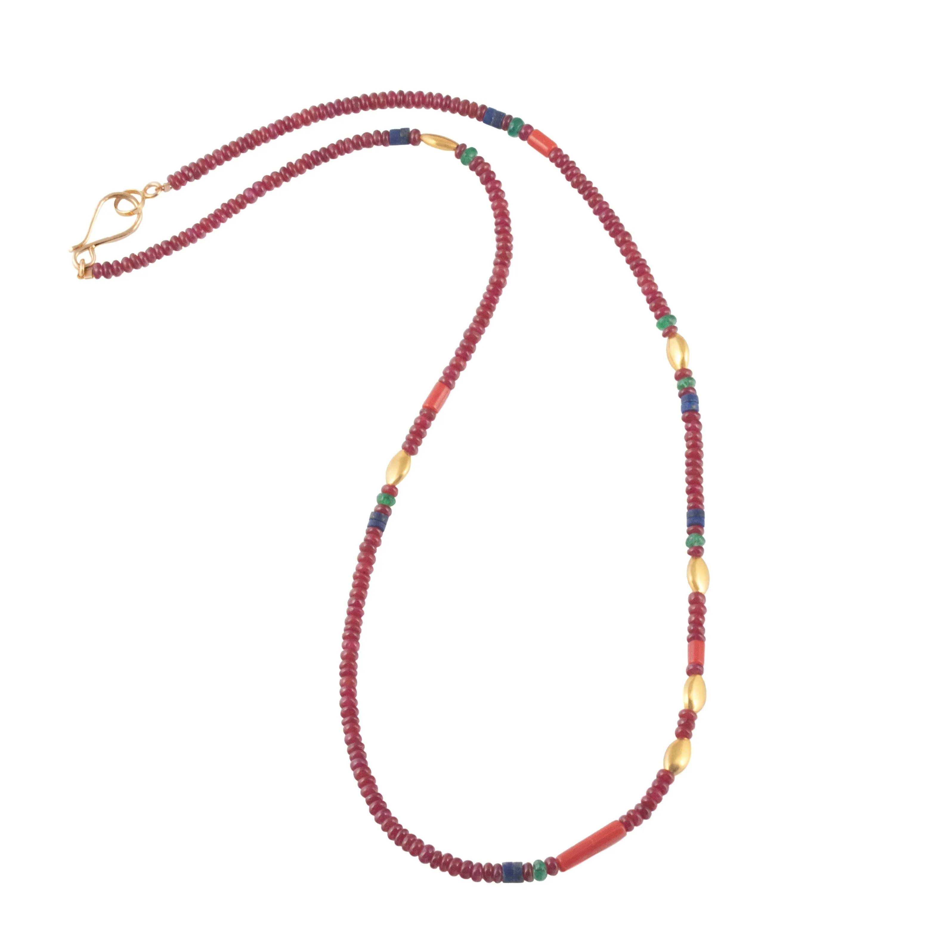Ruby, Coral, Lapis Lazuli, Emerald & High Karat Gold Necklace