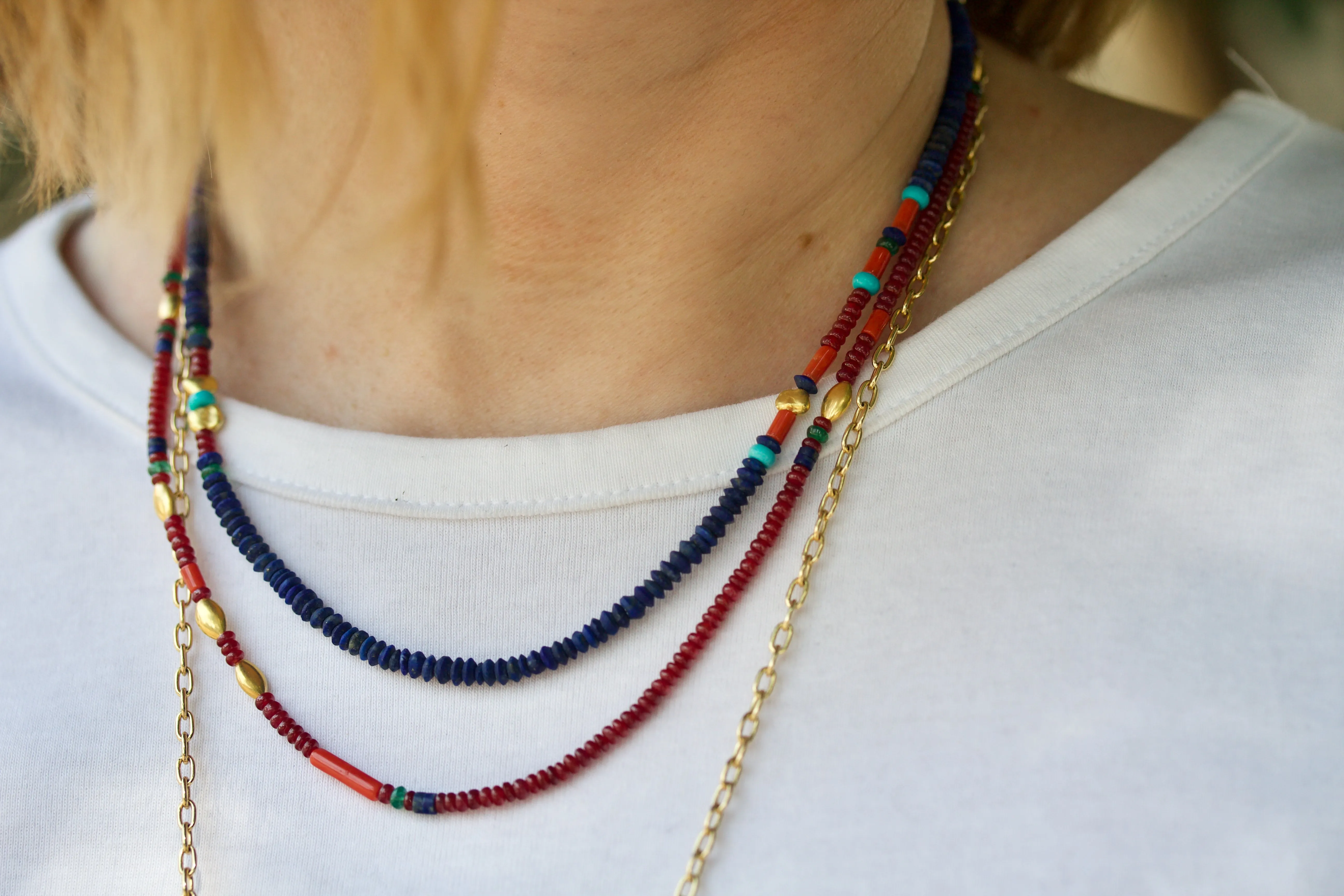 Ruby, Coral, Lapis Lazuli, Emerald & High Karat Gold Necklace