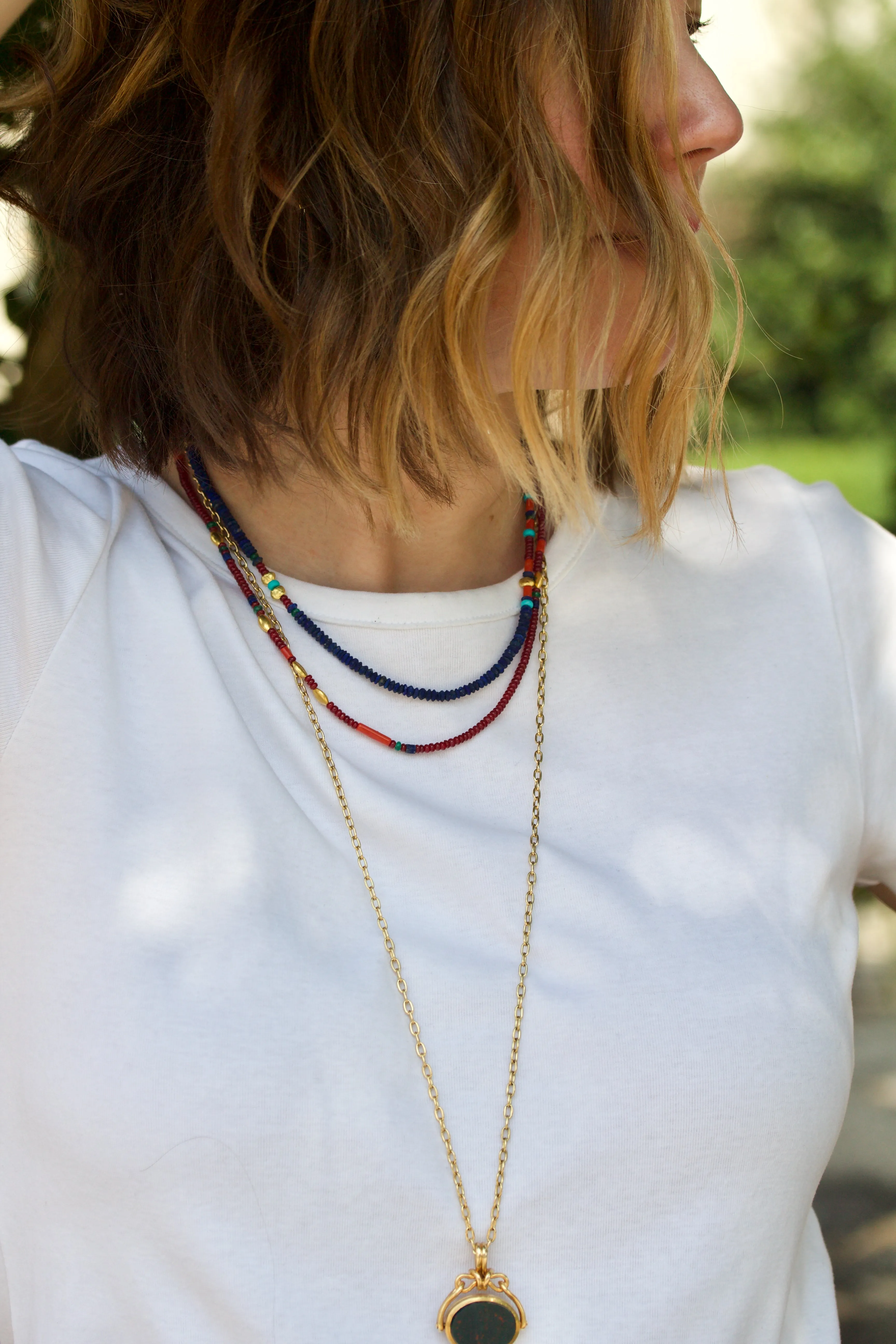 Ruby, Coral, Lapis Lazuli, Emerald & High Karat Gold Necklace
