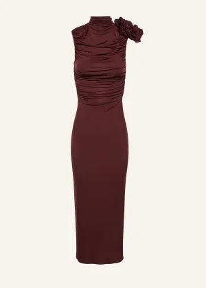 Ruched mock neck midi dress in bordeaux