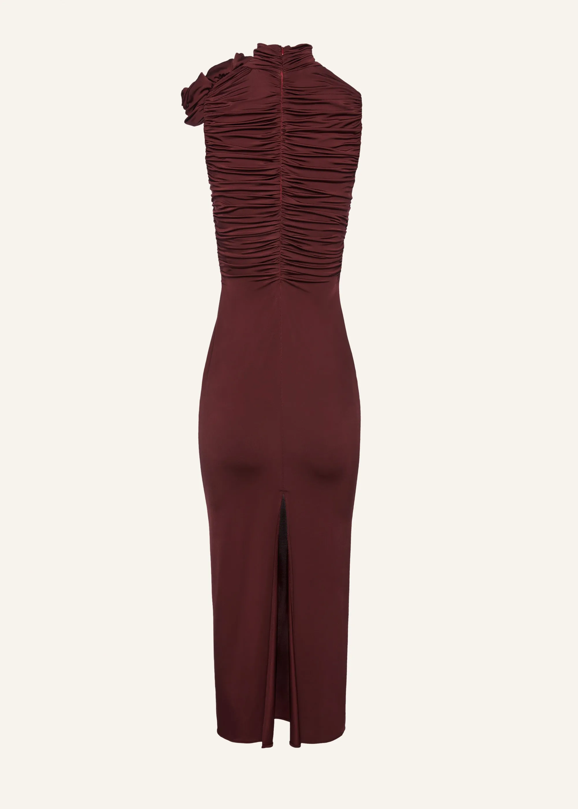 Ruched mock neck midi dress in bordeaux