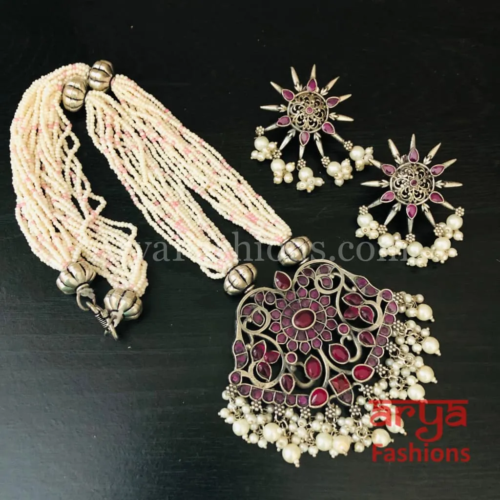 Shamira Oxidized Silver Pearl Necklace with Pendant