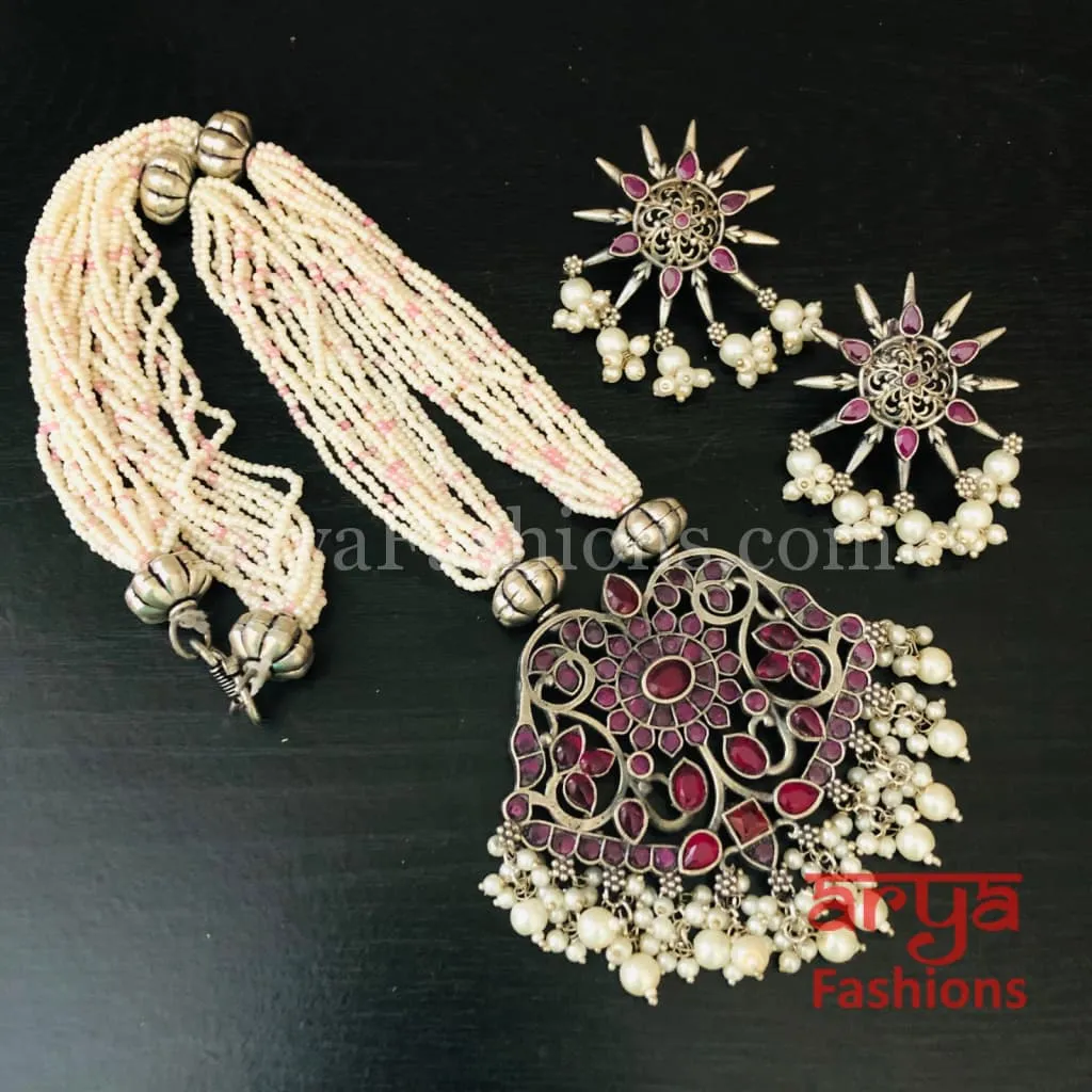 Shamira Oxidized Silver Pearl Necklace with Pendant