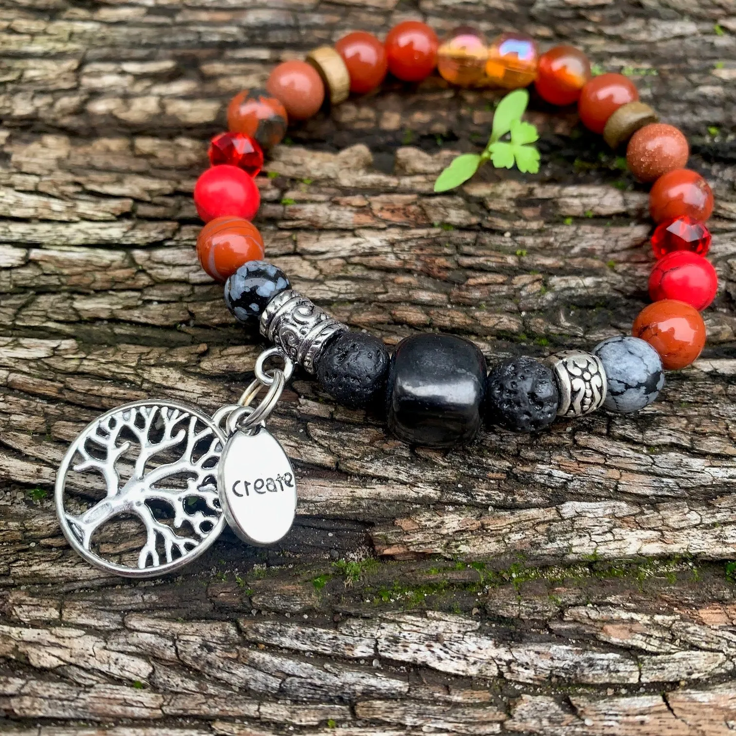 Shungite Amplified ROOT Chakra Bracelet ~ Tree of Life and CREATE Charms ~ Medium  [#30]