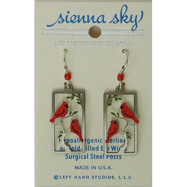 Sienna Sky Red Cardinal Birds in a Tree Pierced Earrings