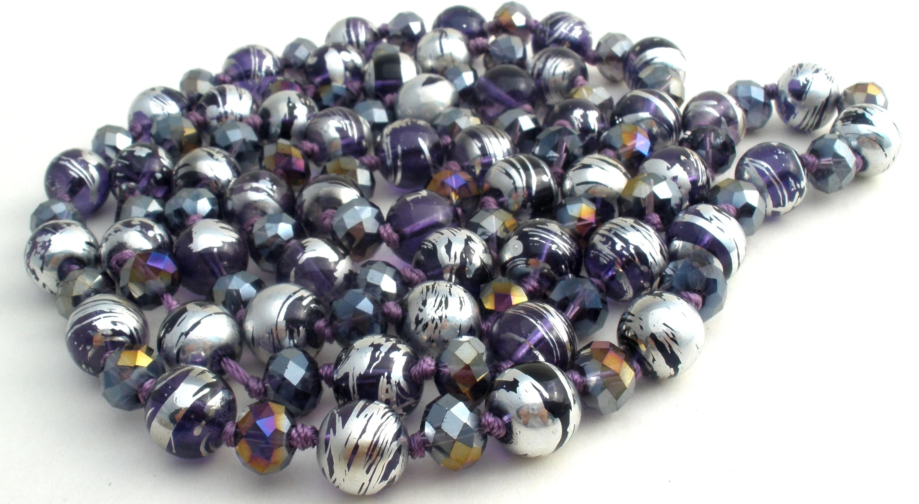 Silver Enamel Purple Glass & Crystal Bead Necklace 52"