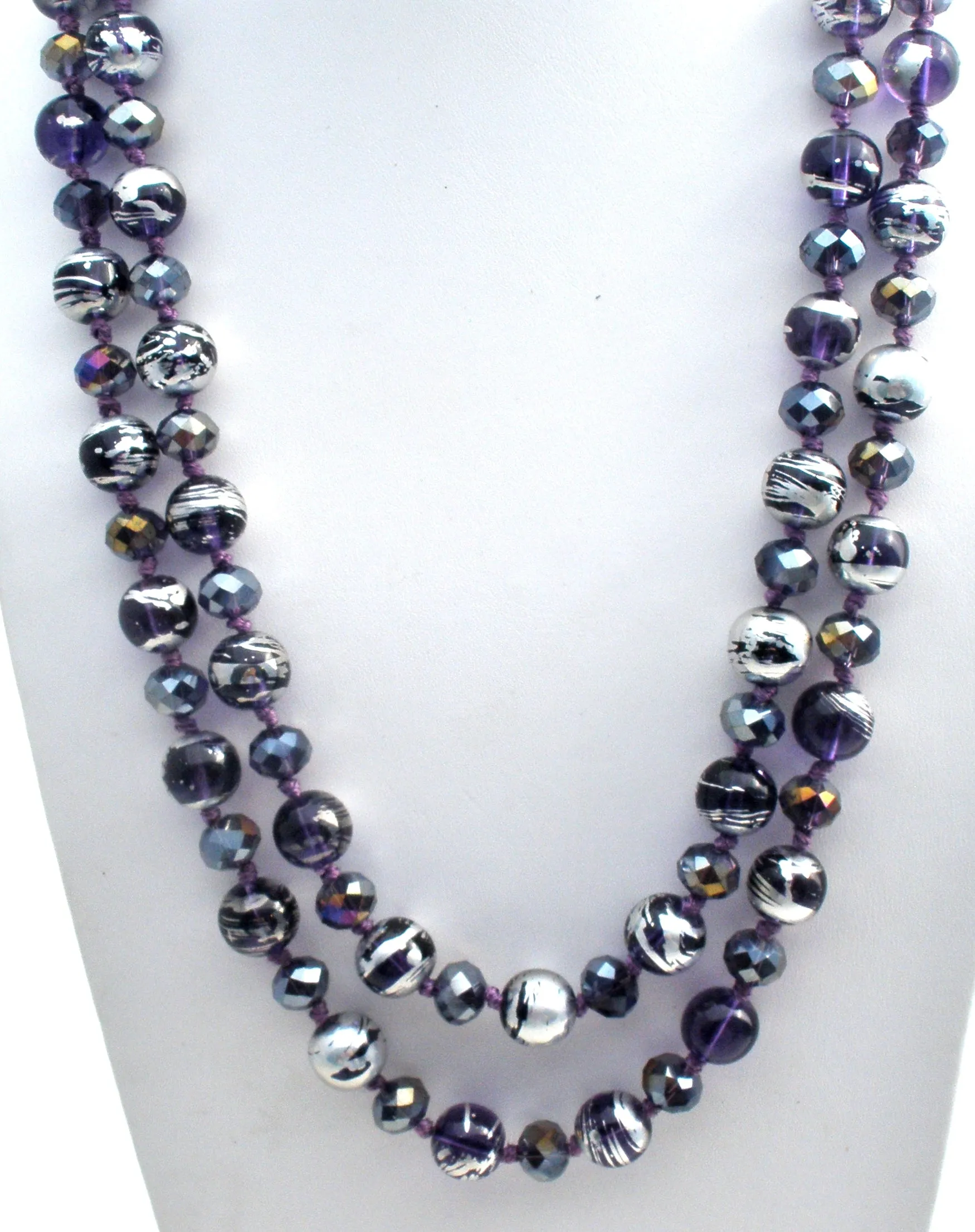 Silver Enamel Purple Glass & Crystal Bead Necklace 52"