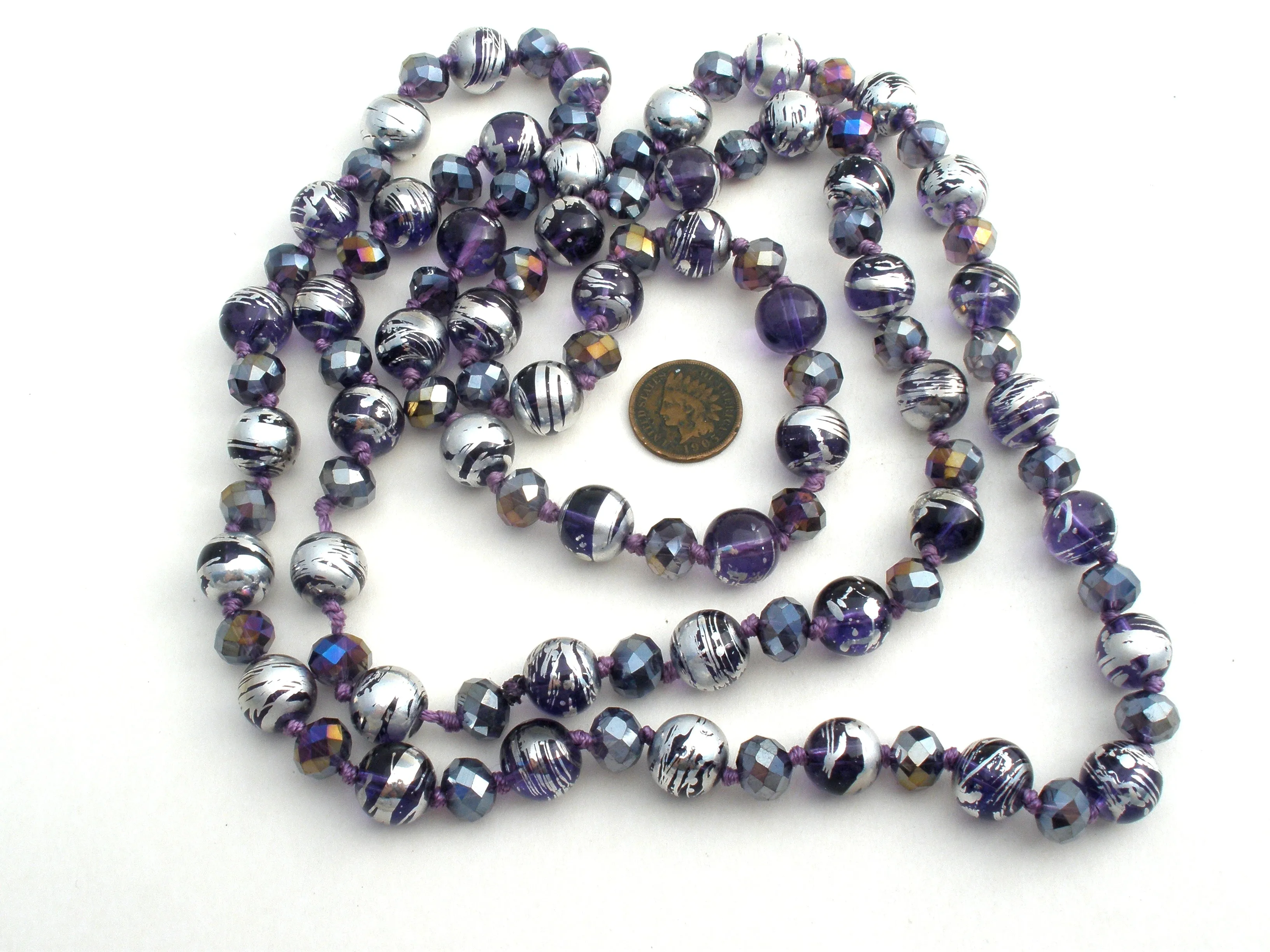 Silver Enamel Purple Glass & Crystal Bead Necklace 52"
