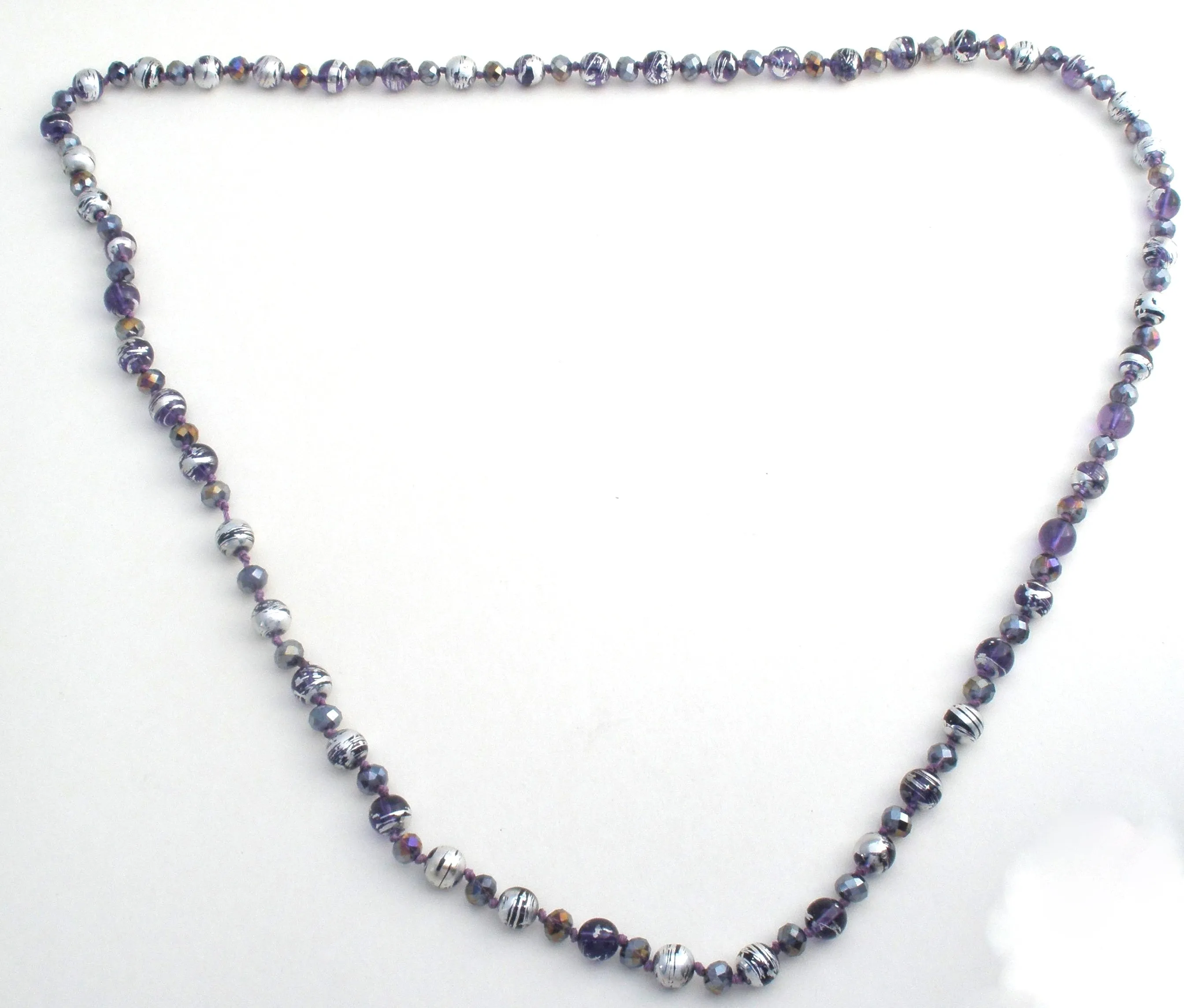Silver Enamel Purple Glass & Crystal Bead Necklace 52"