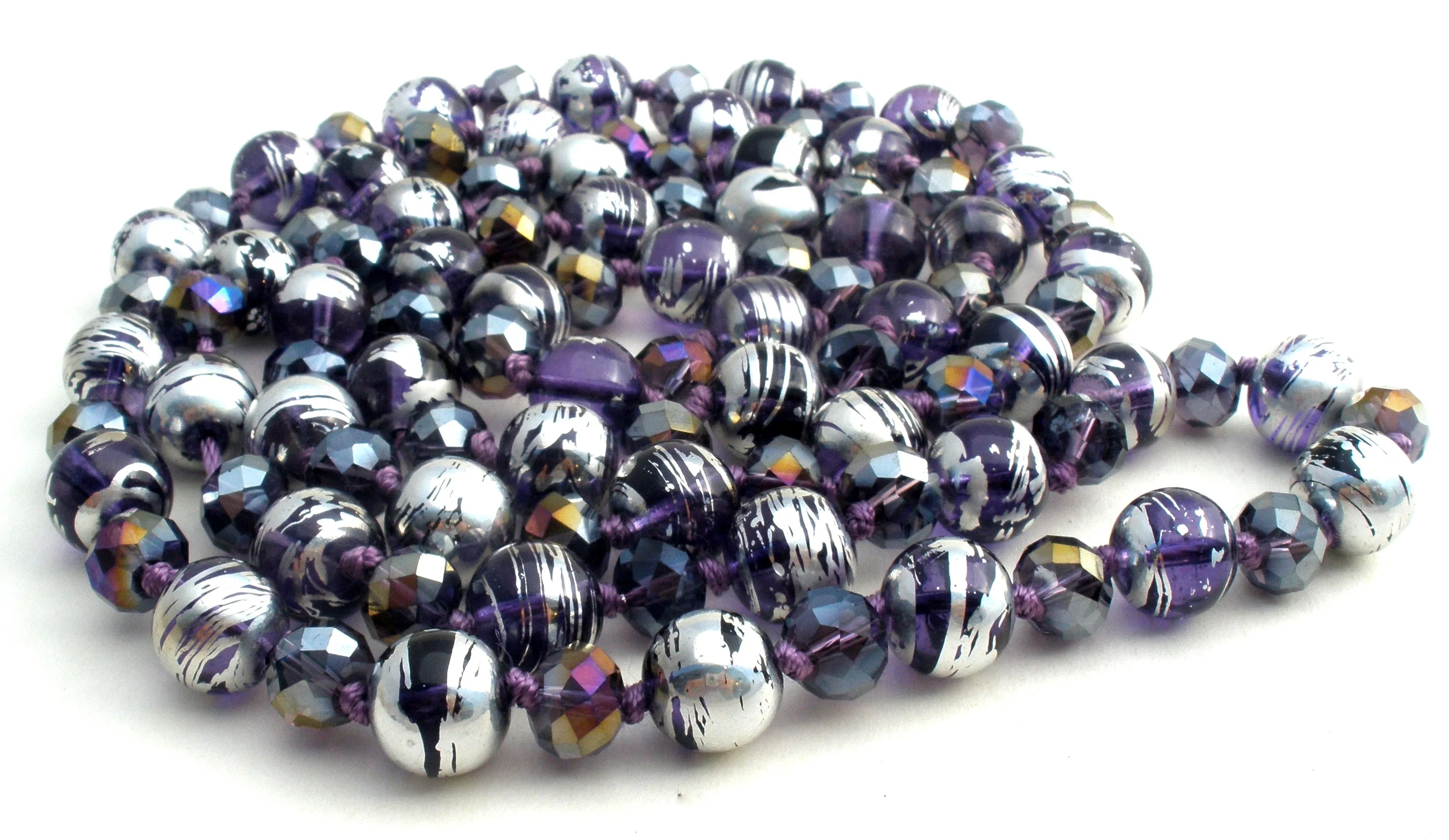 Silver Enamel Purple Glass & Crystal Bead Necklace 52"