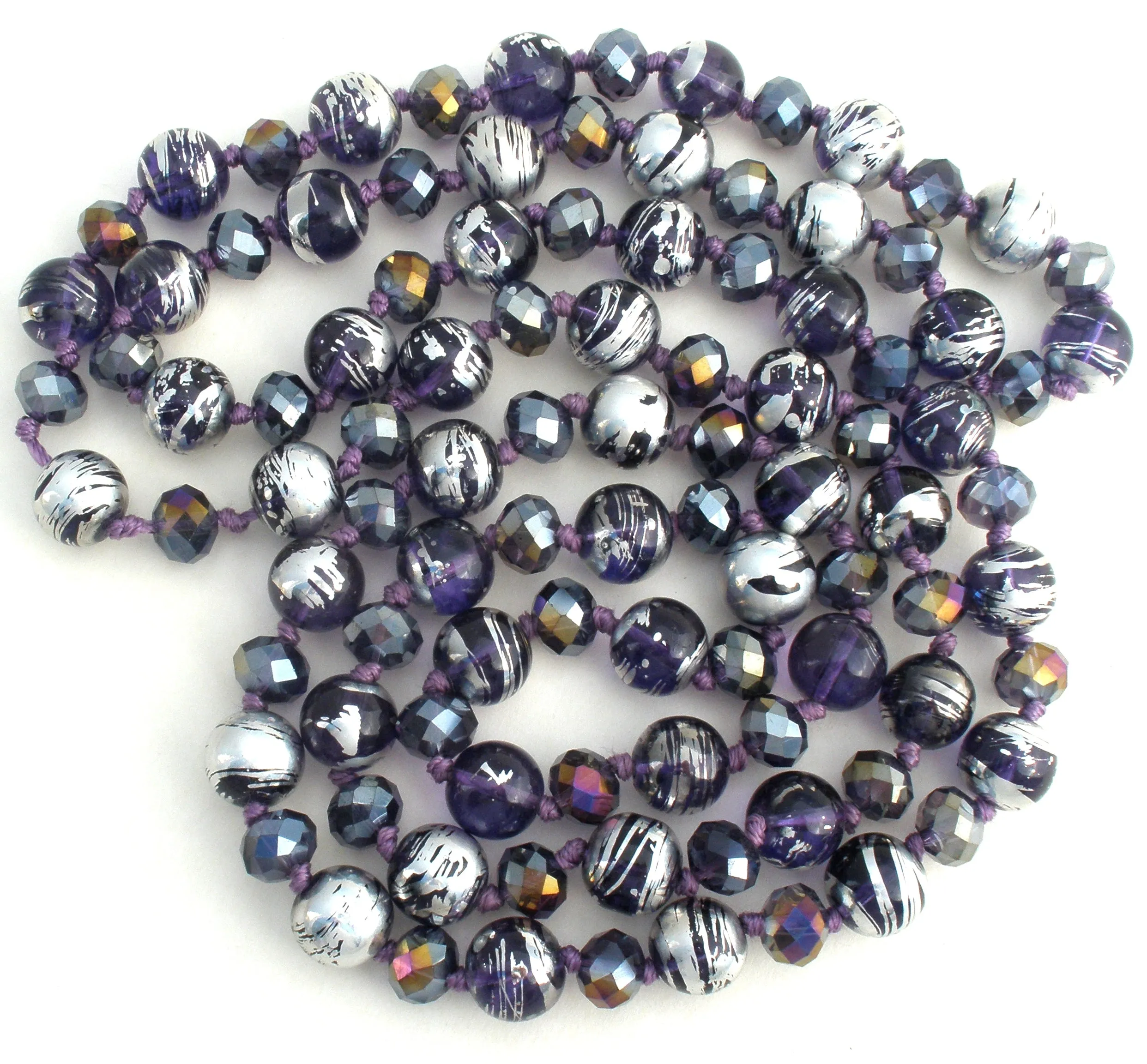 Silver Enamel Purple Glass & Crystal Bead Necklace 52"