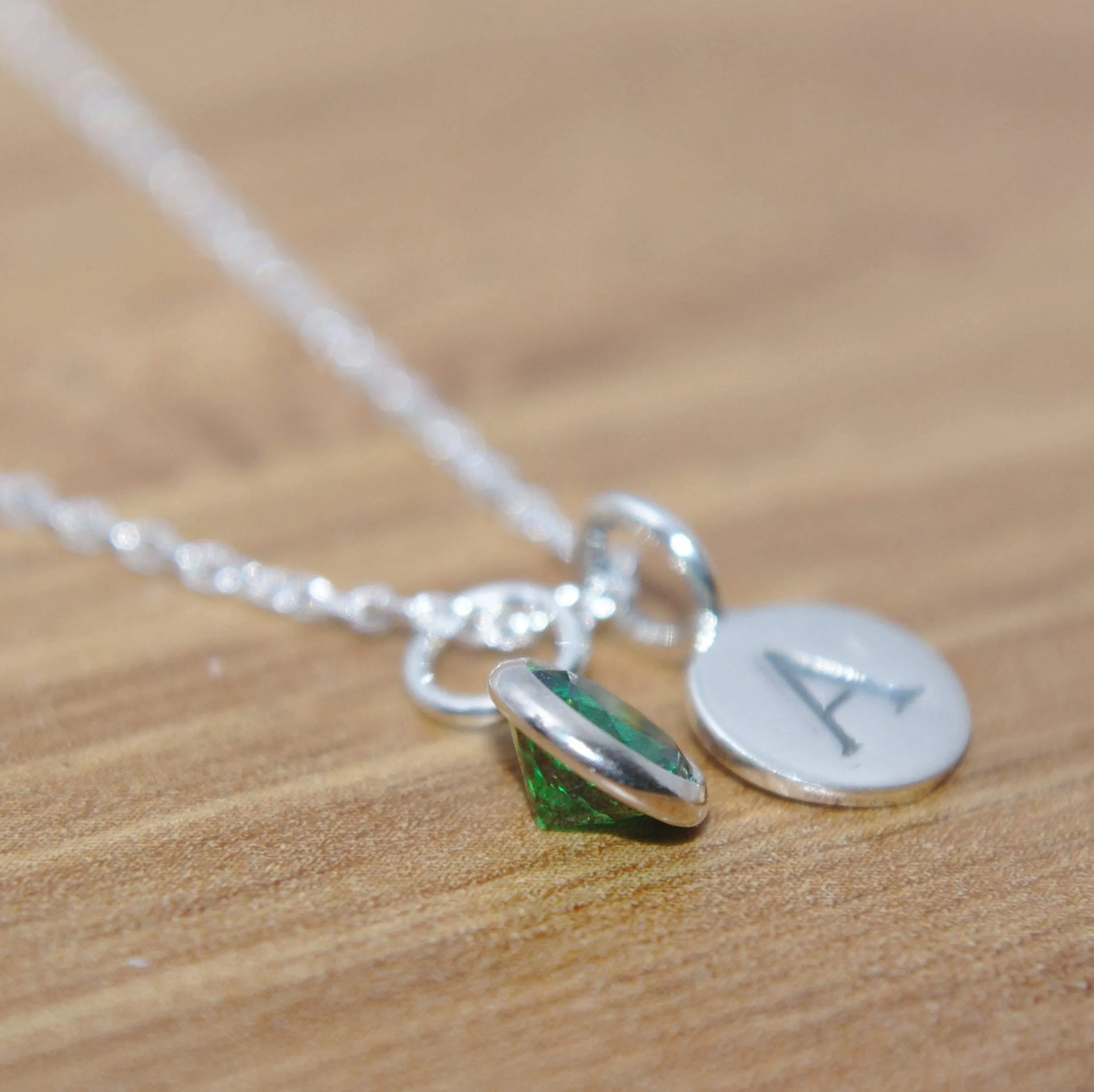 Sterling Silver Green CZ and Initial Pendant Necklace