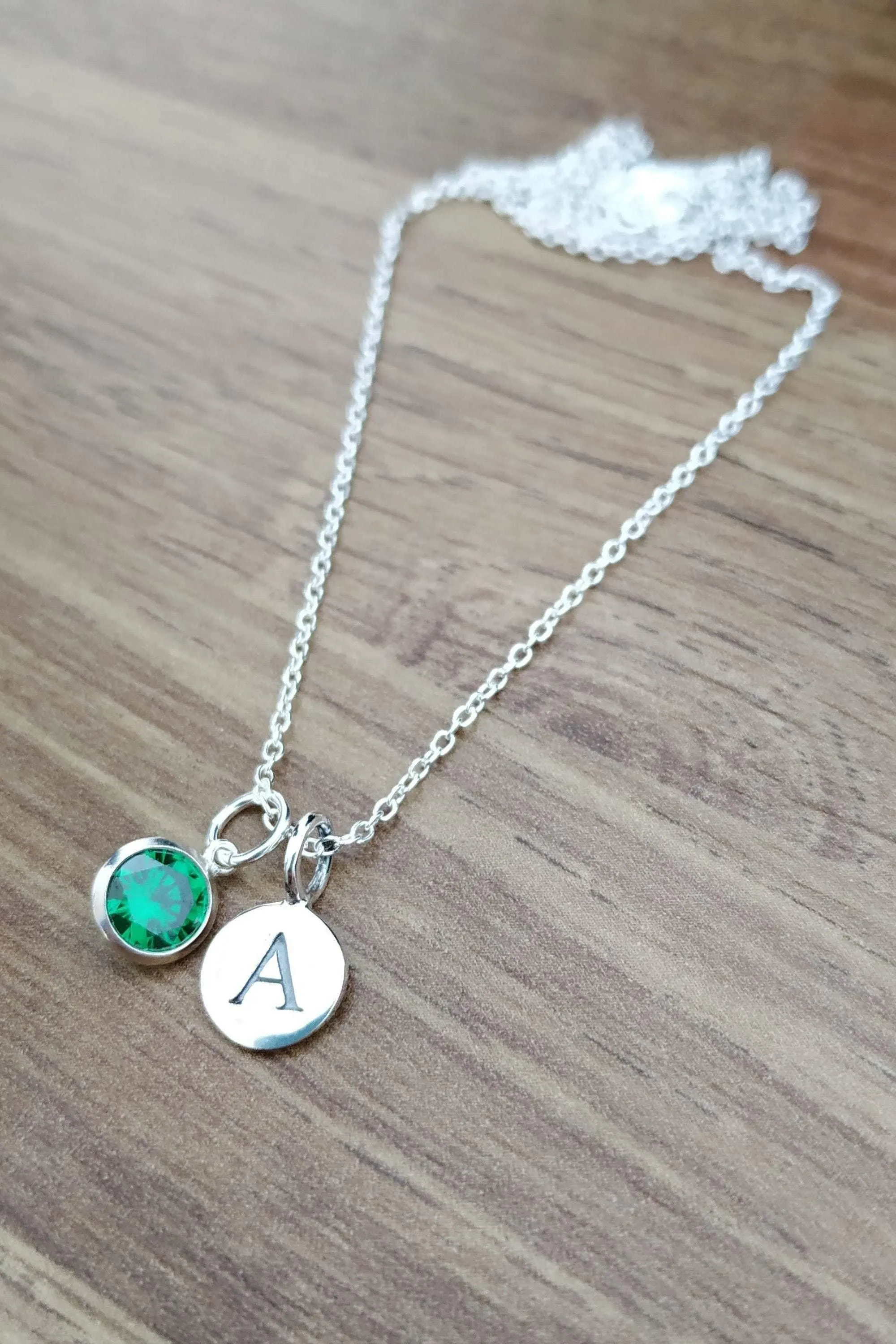 Sterling Silver Green CZ and Initial Pendant Necklace