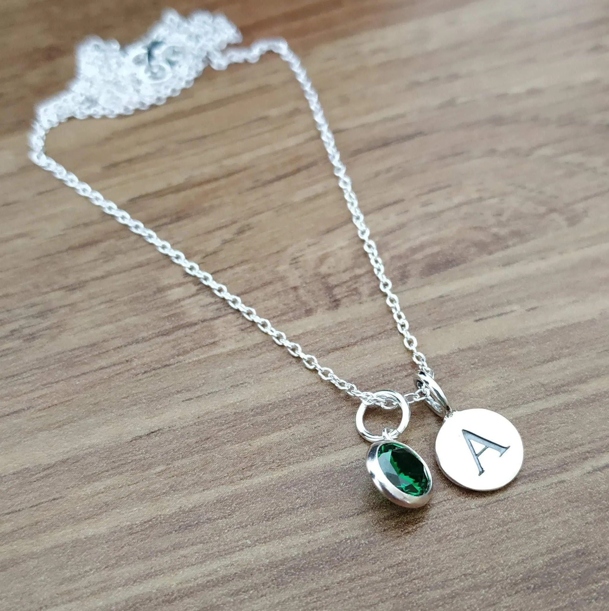 Sterling Silver Green CZ and Initial Pendant Necklace