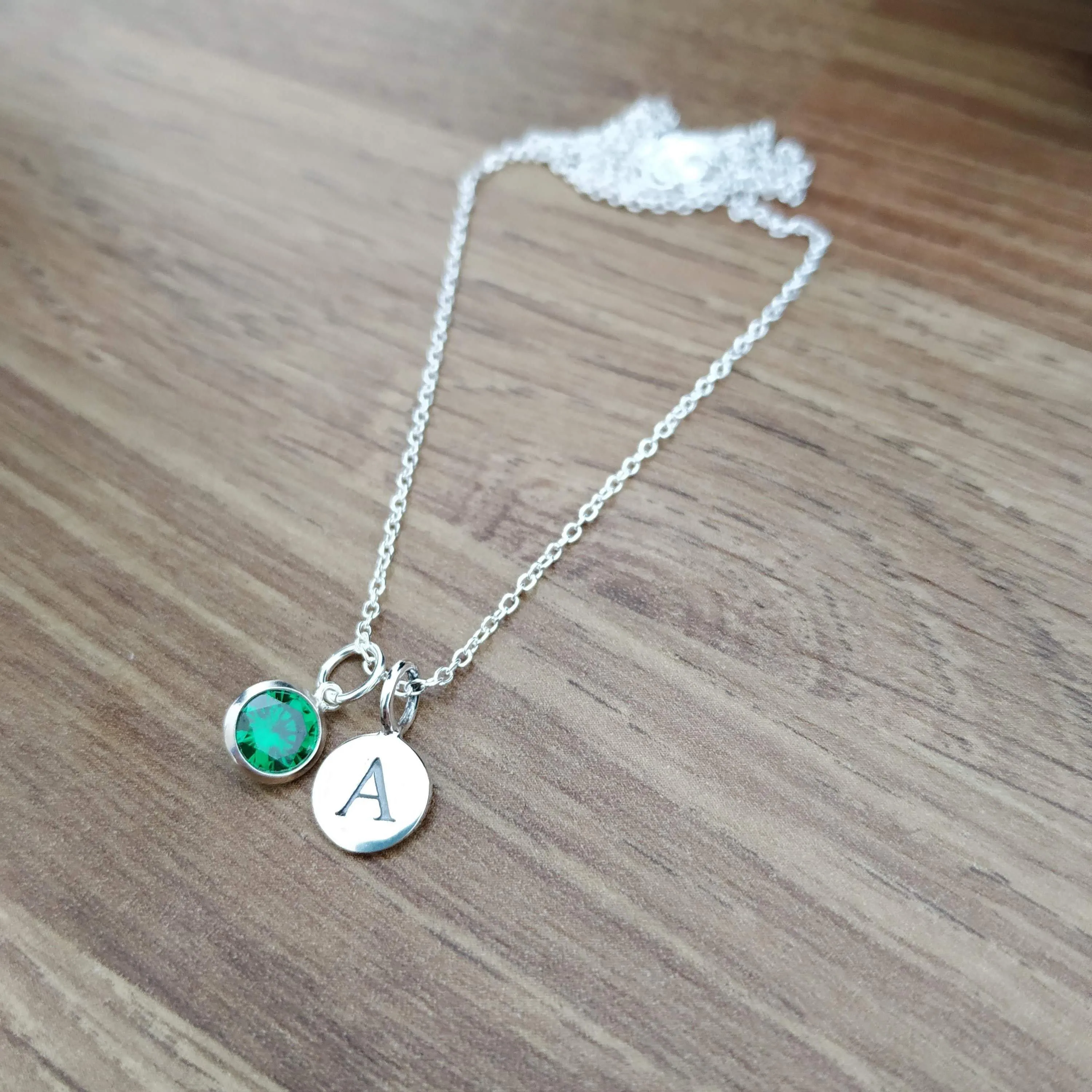 Sterling Silver Green CZ and Initial Pendant Necklace